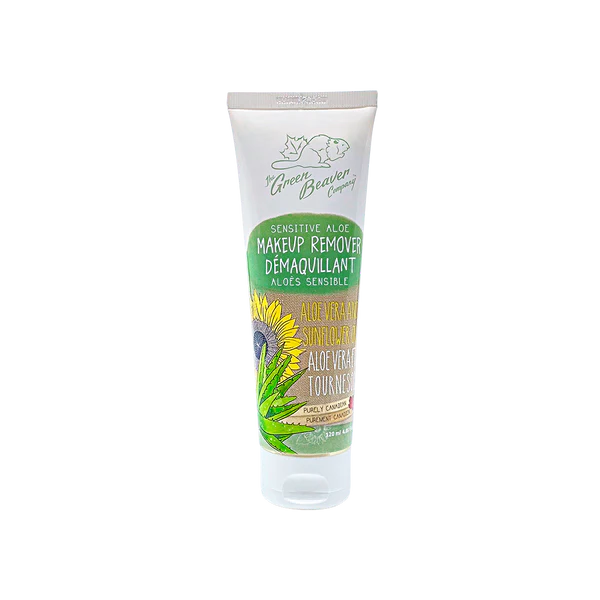 A plastic tube of Green beaver aloe makeup remover for sensitive skin with no background