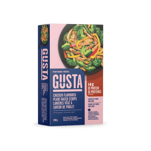 A box of Gusta plant-based chicken-flavoured strips (200g), showing a stir-fry dish with vegetables and labeled as high-protein, non-GMO, and plant-based