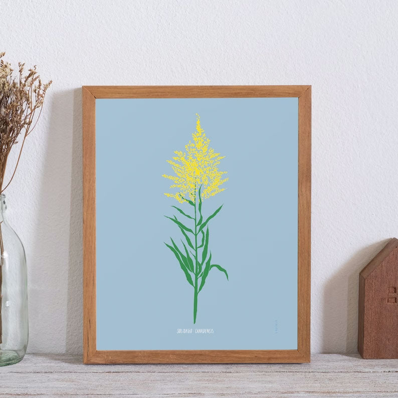 Poster of a branch of goldenrod in a graphic style on a blue background by Laucolo