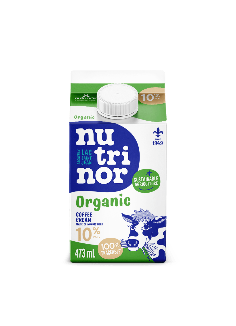 A carton of Nutrinor organic cream 10%, featuring a light, smooth dairy cream in branded packaging.