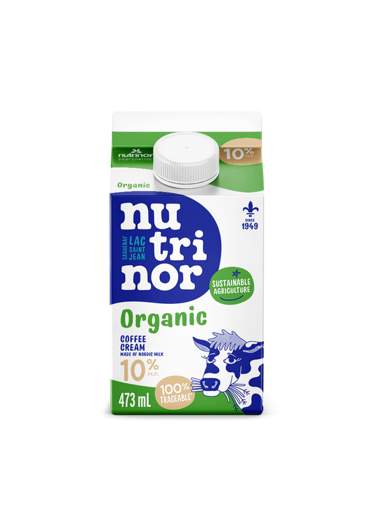A carton of Nutrinor organic cream 10%, featuring a light, smooth dairy cream in branded packaging.