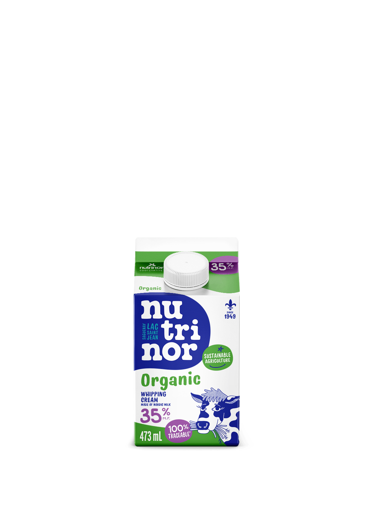 A carton of Nutrinor organic cream 35%, featuring a rich, creamy dairy product in branded packaging for cooking and whipping.