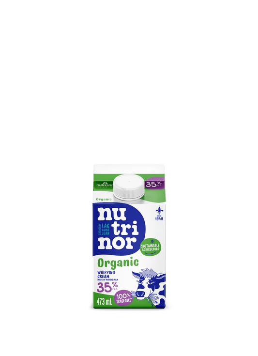 A carton of Nutrinor organic cream 35%, featuring a rich, creamy dairy product in branded packaging for cooking and whipping.