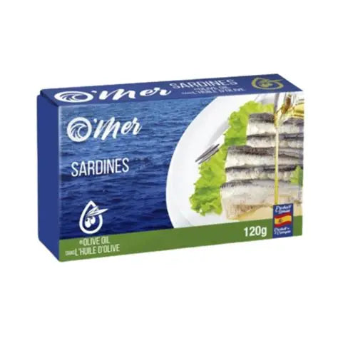 A can of O’MER sardines in olive oil, featuring whole sardines preserved in oil and packaged in a labeled seafood tin.