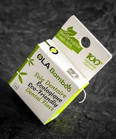 box of eco-friendly dental floss with a bit of dental floss hanging over the edge, set on a slate grey surface