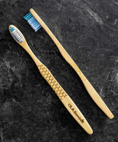 2 toothbrushes set on a slate grey surface, one toothbrush on its side. Both toothbrushes have a bamboo handle and blue and white bristles