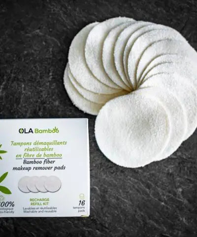 box of bamboo makeup remover pads with pads set in a circle to the side