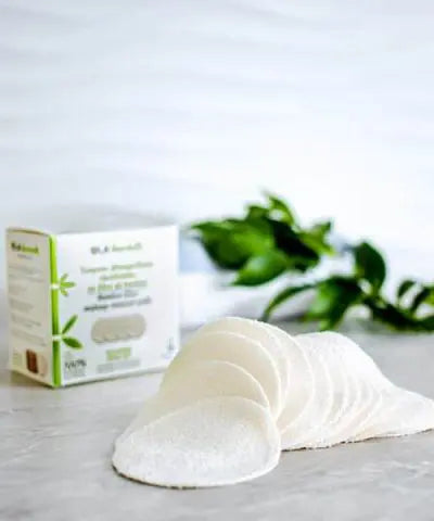 bamboo makeup remover pads in foreground, and box with a green plant in background