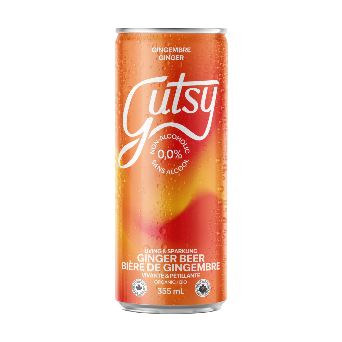 A can of GUTSY ginger beer, featuring a fizzy beverage with a bold ginger flavor