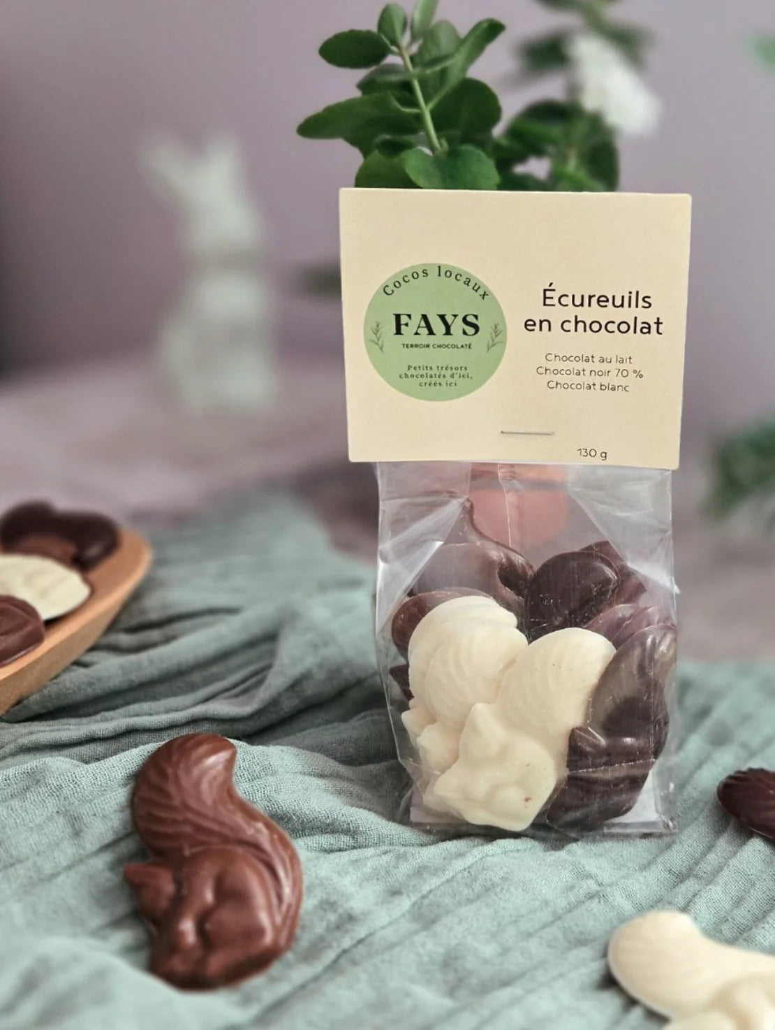 A clear bag of assorted squirrel-shaped chocolates (milk, dark, and white) labeled “FAYS – Écureuils en chocolat” sits on a soft green cloth, with extra chocolates placed around it and a blurred plant in the background.