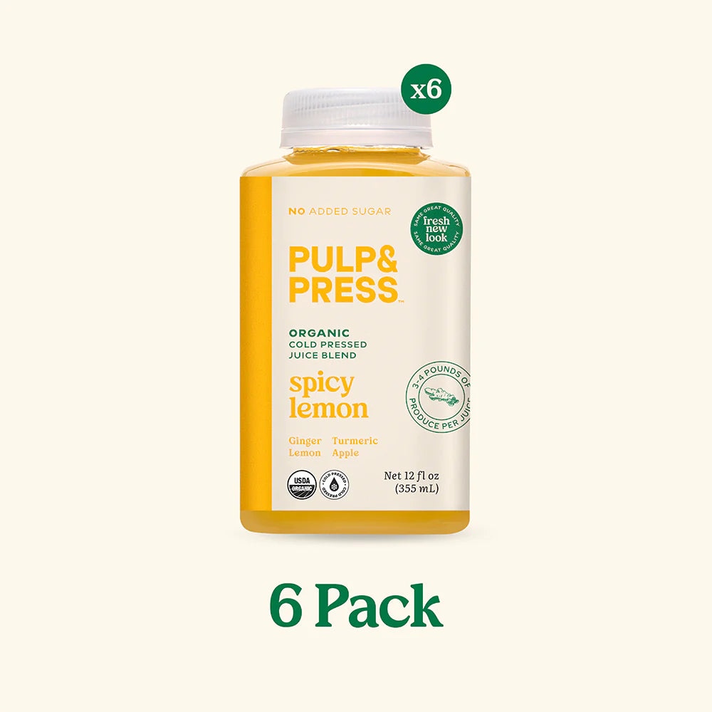 A bottle of Pulp & Press Juice Co. spicy lemon fresh-pressed juice, featuring a bright citrus blend with a hint of spice.