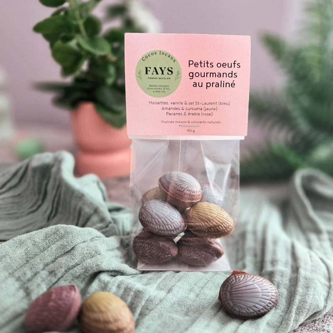 A clear bag of FAYS praline chocolate eggs labeled “Petits œufs gourmands au praliné” sits on a soft green cloth, with pastel-colored chocolate eggs inside and a blurred plant in the background.