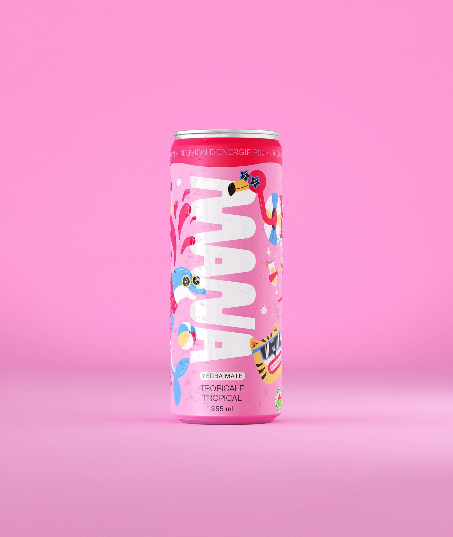 A can of MANA organic yerba maté energizing infusion Tropical, featuring a refreshing, plant-based drink with fruity tropical flavors.