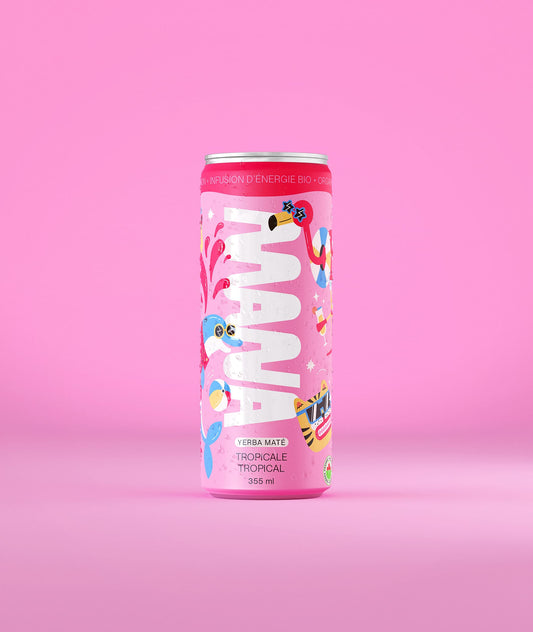 A can of MANA organic yerba maté energizing infusion Tropical, featuring a refreshing, plant-based drink with fruity tropical flavors.
