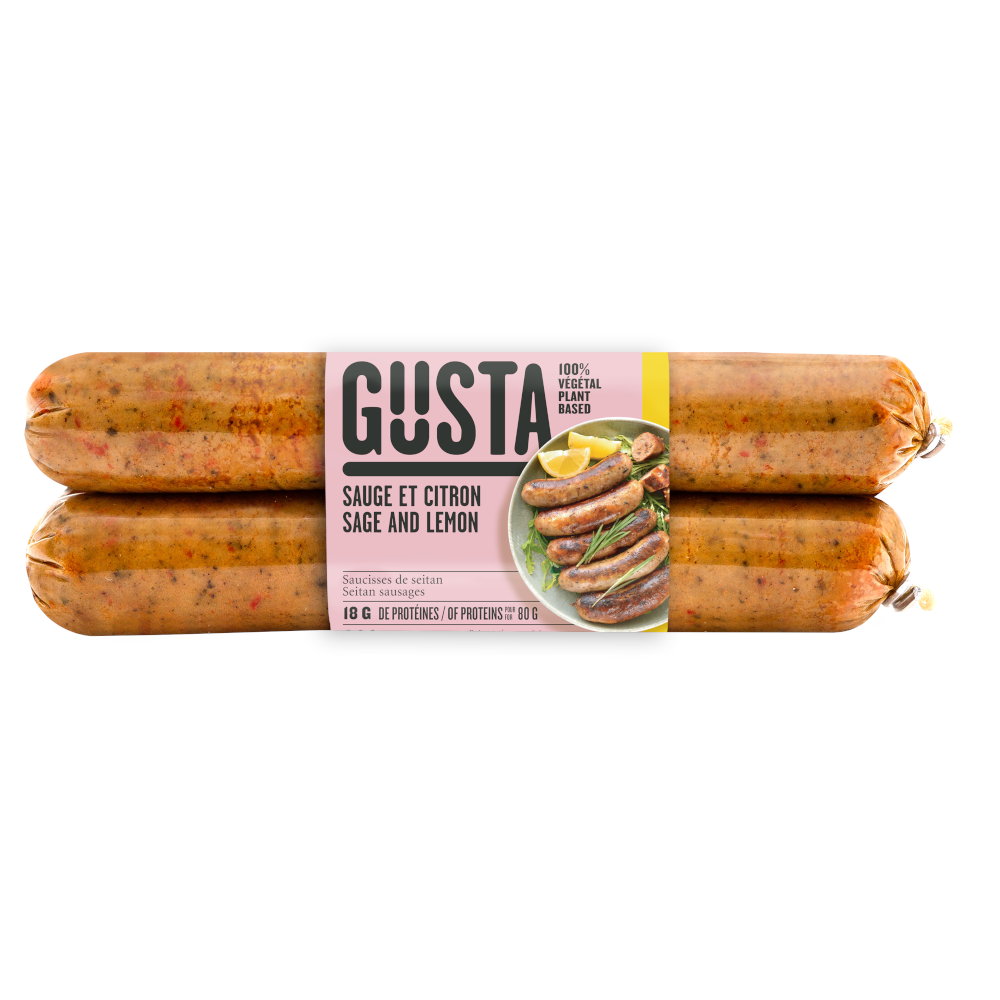 A package of Gusta sage and lemon vegan sausages, featuring a plant-based sausage with fresh herbal and citrus notes in branded packaging.