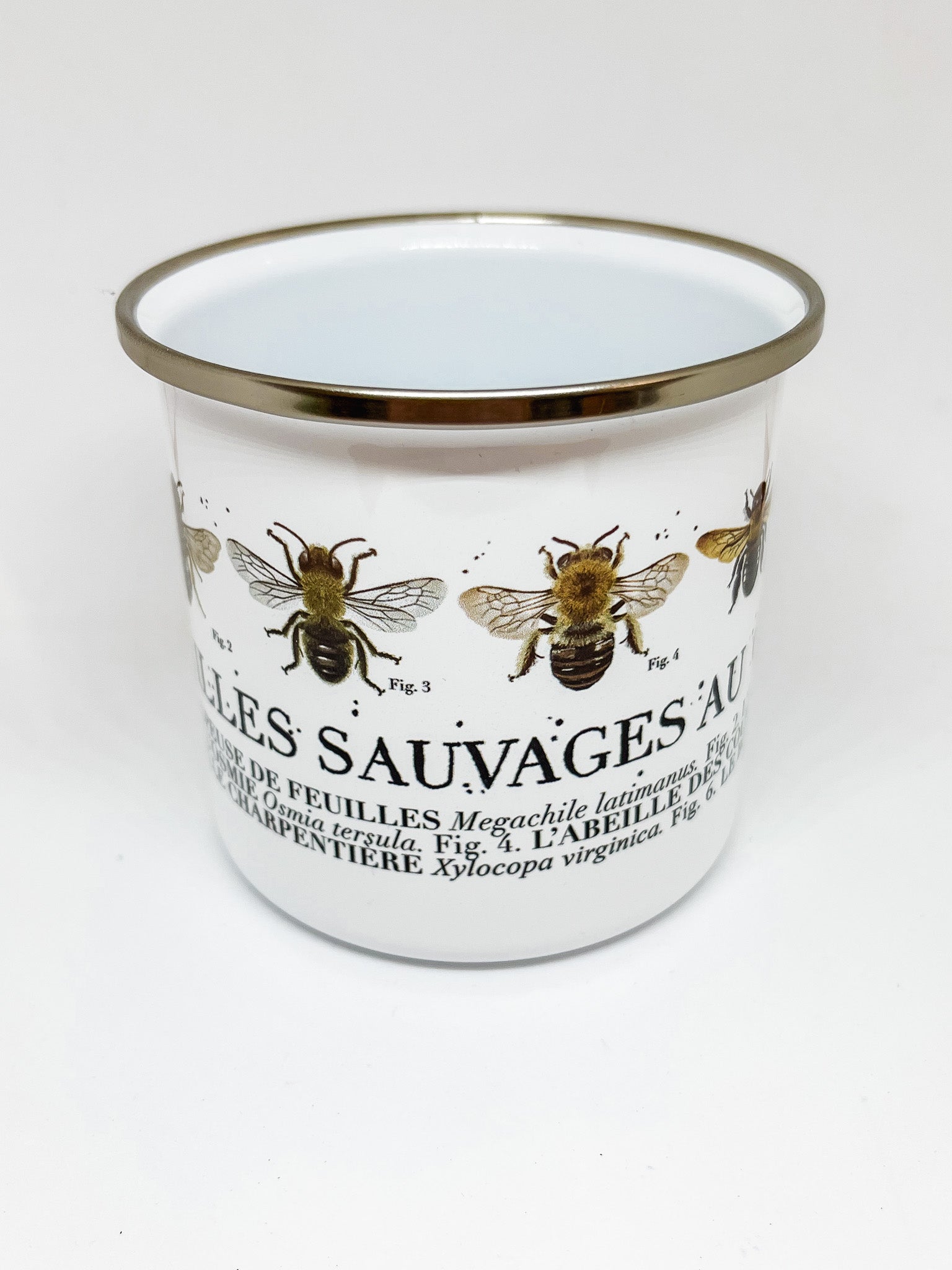 White enamel mug with silver rim and illustrations of wild quebec bees with text below identifying each bee. Figures 3 and 4 visible.