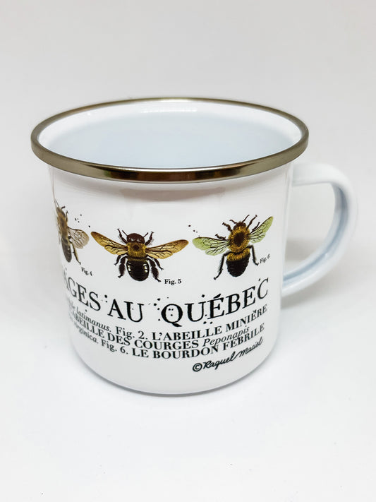White enamel mug with silver rim and illustrations of wild quebec bees with text below identifying each bee