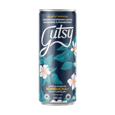 A can or bottle of GUTSY kombucha ginger and raspberry bush, showcasing a fizzy fermented tea with spicy ginger and tart berry notes.