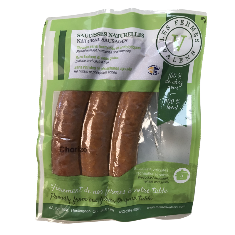 A package of Les Fermes Valens gluten-free natural chorizo sausages, featuring richly seasoned sausages with a smoky, spiced profile.