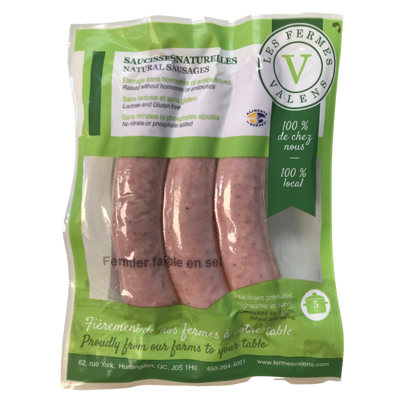 A package of Les Fermes Valens gluten-free natural farm sausages with 25% less sodium, featuring a classic, reduced-sodium option.