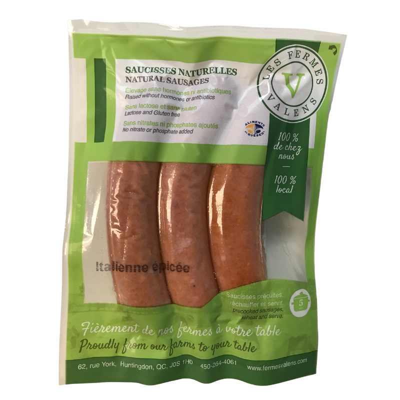 A package of Les Fermes Valens gluten-free natural spicy Italian sausages, showcasing sausages with bold, spiced seasoning.
