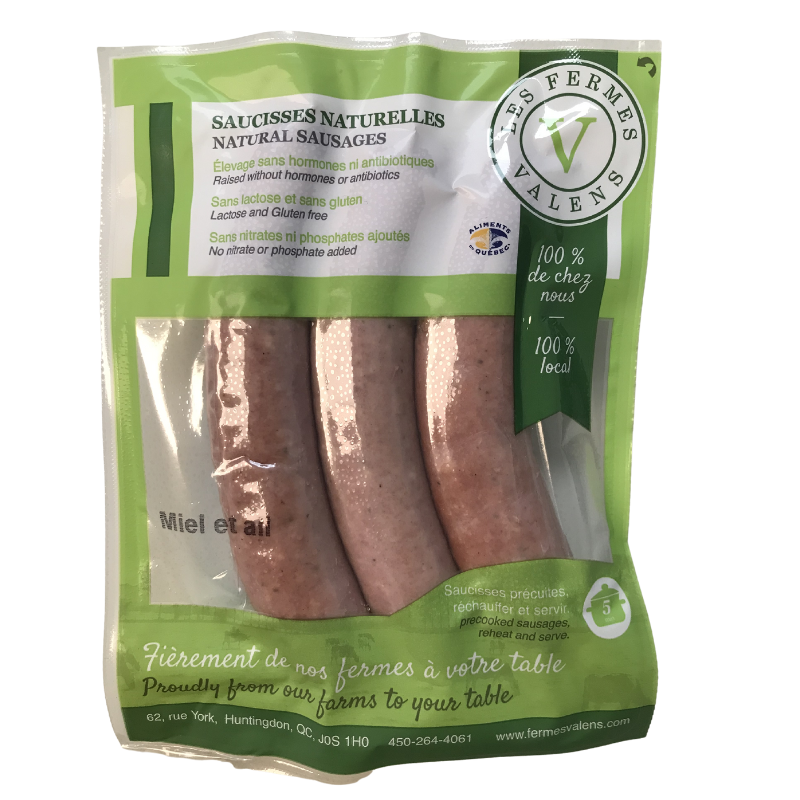 A package of Les Fermes Valens gluten-free natural honey and garlic sausages, featuring a sweet and savory flavor profile.