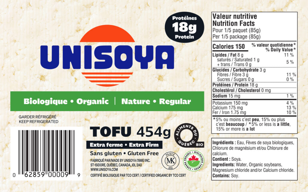 Packaging of Unisoya organic extra firm tofu (454g), showing nutrition facts, 18g protein, gluten-free label, and Quebec-made certification.