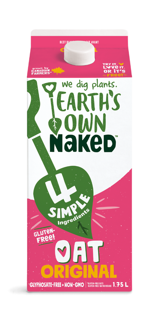 A carton of Earth’s Own Naked gluten-free original organic oat milk, featuring a plant-based milk alternative in branded packaging.