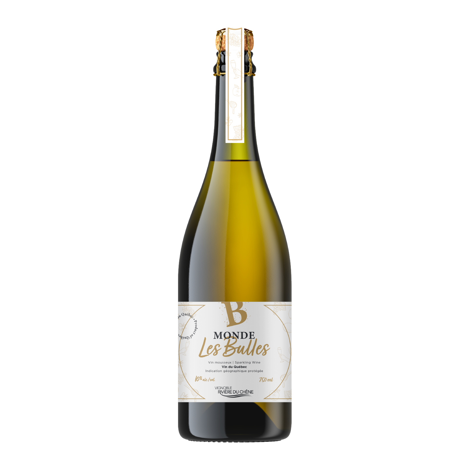 A 750 ml bottle of sparkling wine with a clear, bright appearance and fine bubbles, offering aromas of green apple, white flowers, citrus, and honey.