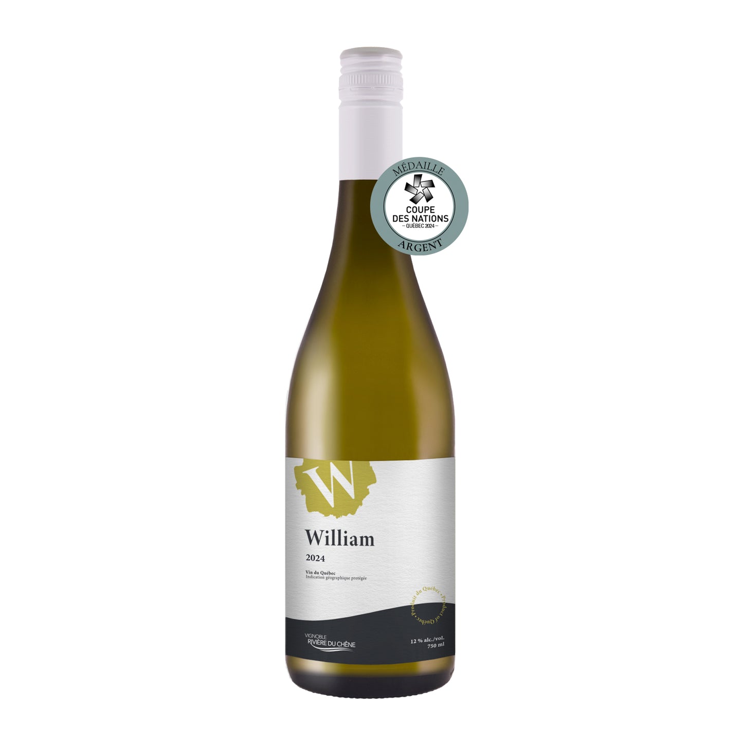 A 750 ml bottle of William Blanc dry white wine, featuring a fruity profile with notes of pear, pineapple, banana, and citrus, displayed with a clean and elegant label