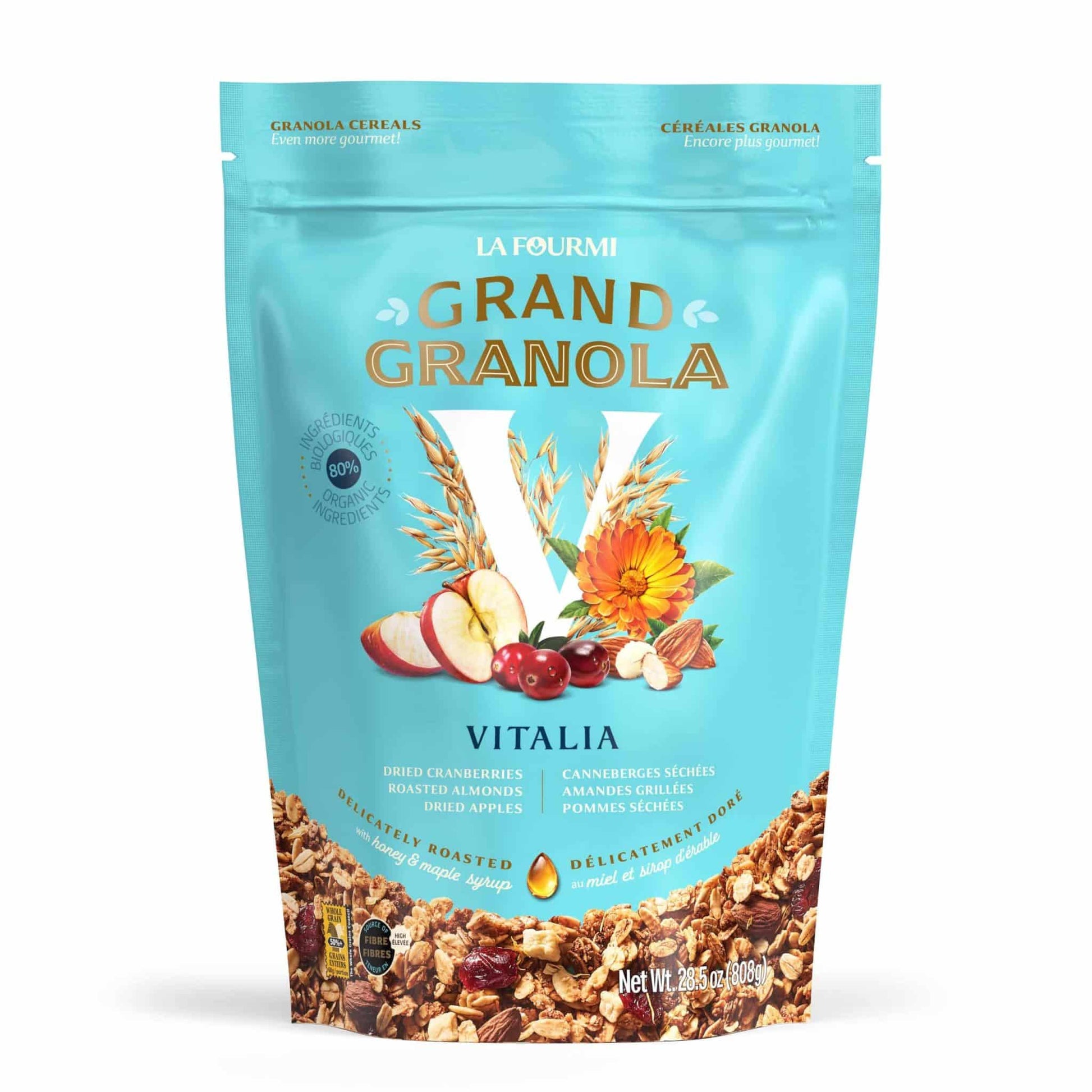 A bag of La Fourmi Bionique Vitalia granola, featuring a nutritious blend of oats, fruits, and seeds in branded packaging.
