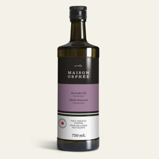 A bottle of Maison Orphée avocado oil (750 ml) filled with light golden oil for cooking and dressings.