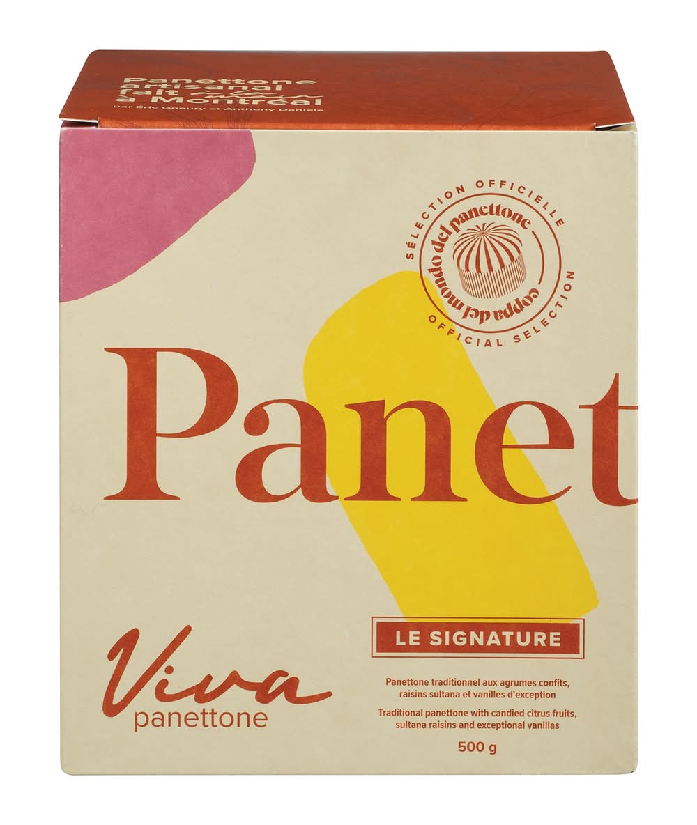 A VIVA Traditional Panettone, a tall Italian sweet bread with a golden crust, typically filled with dried fruits and packaged in festive wrapping.