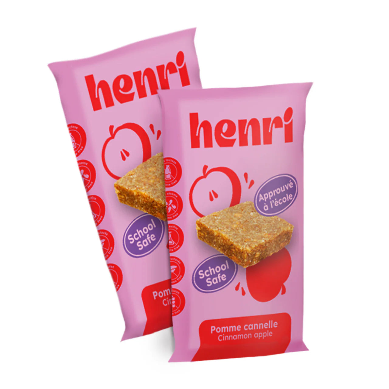 A Henri Nutrition protein bar in apple cinnamon flavor, featuring a high-protein snack with warm apple and spice notes in branded packaging.