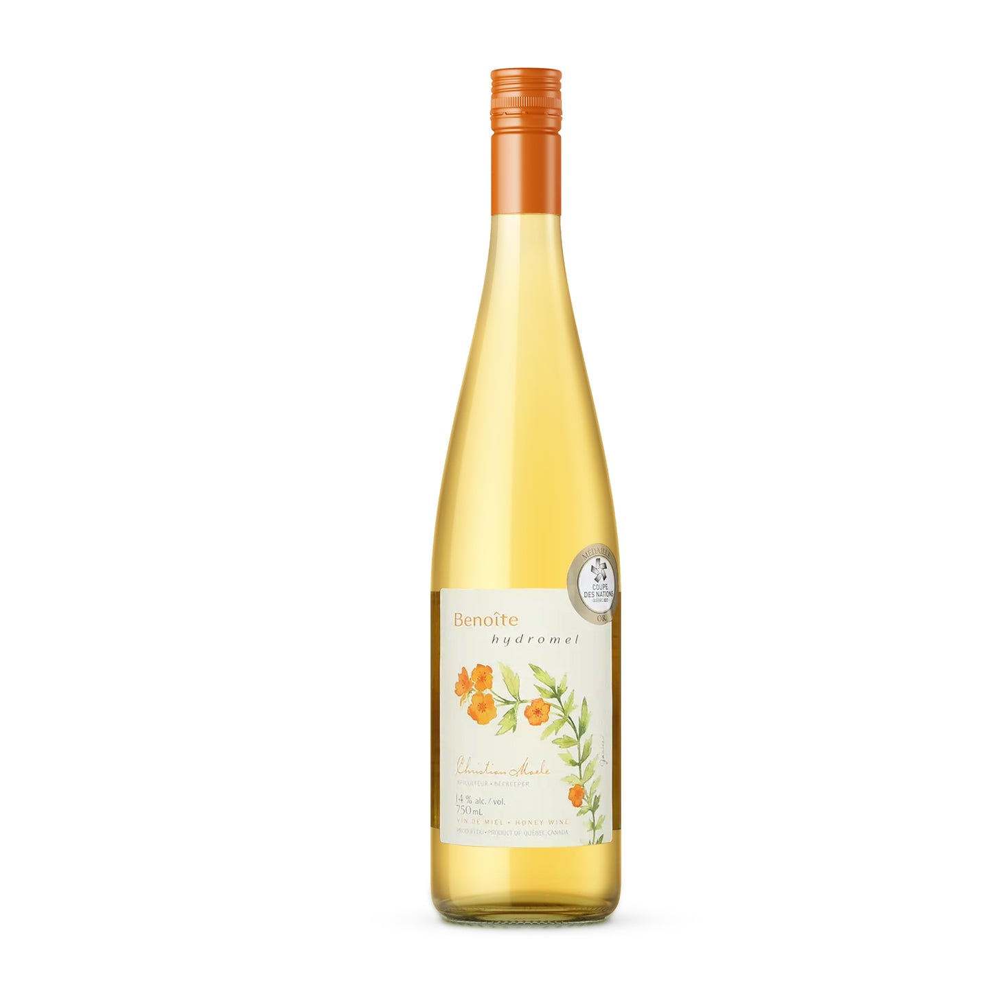 A bottle of Intermiel Mead Benoîte, a honey-based alcoholic beverage with a golden color, presented in a labeled glass bottle