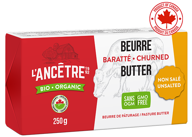A package of L’Ancêtre organic churned unsalted butter, featuring a rich, creamy butter made from organic cream in branded packaging.