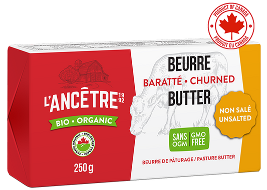 A package of L’Ancêtre organic churned unsalted butter, featuring a rich, creamy butter made from organic cream in branded packaging.