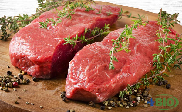 A package of Les Fermes Valens organic Boston top sirloin steak, featuring a fresh cut of beef.