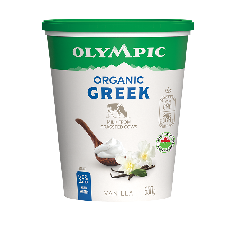 A container of Olympic organic Greek yogurt vanilla, showcasing a thick, creamy yogurt with a hint of vanilla flavor in branded packaging.