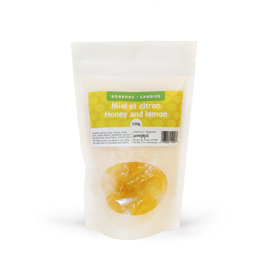 Bag of single wrapped honey with lemon hard candies by Intermiel on a white background