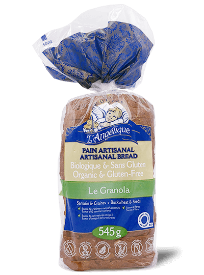 A loaf of Cuisine L’Angélique artisanal gluten-free granola bread, featuring a dense, hearty texture with visible grains and seeds in branded packaging.