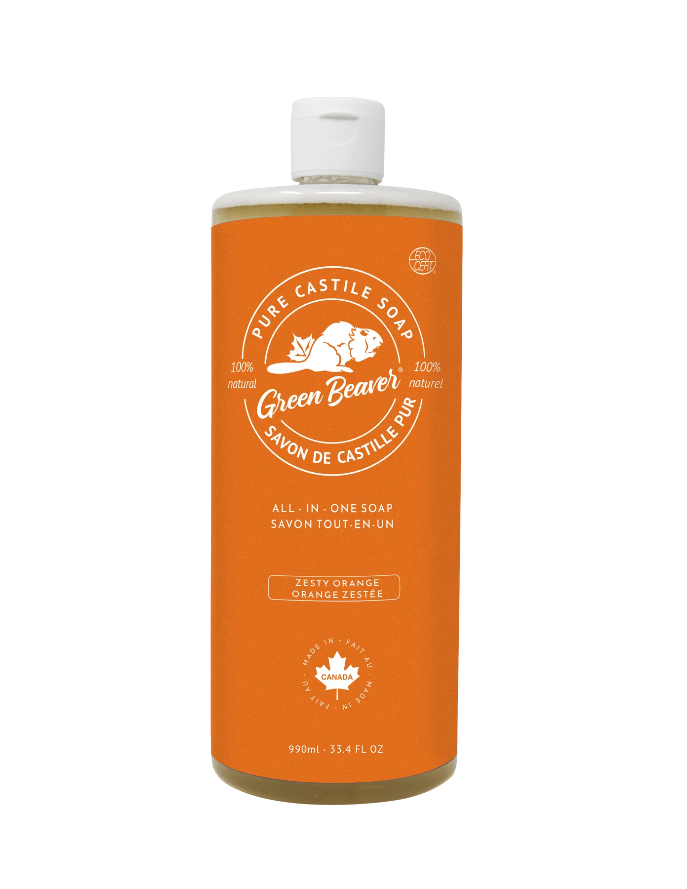 Bottle of Orange-scented castile soap by Green Beaver with orange label