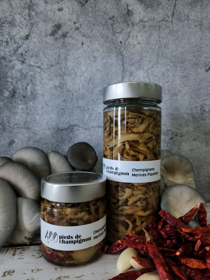 Two jar one big one small of Les 400 Pieds de Champignon spicy pickled mushrooms, featuring whole mushrooms in a tangy, spiced brine.