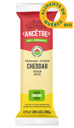 L'Ancêtre cheddar cheese package with Quebec Bio logo on a white background