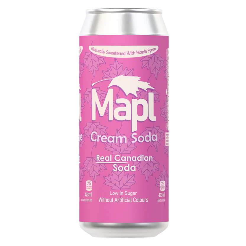 A can of MAPL SODA cream soda, maple-sweetened with a smooth, creamy vanilla flavor.