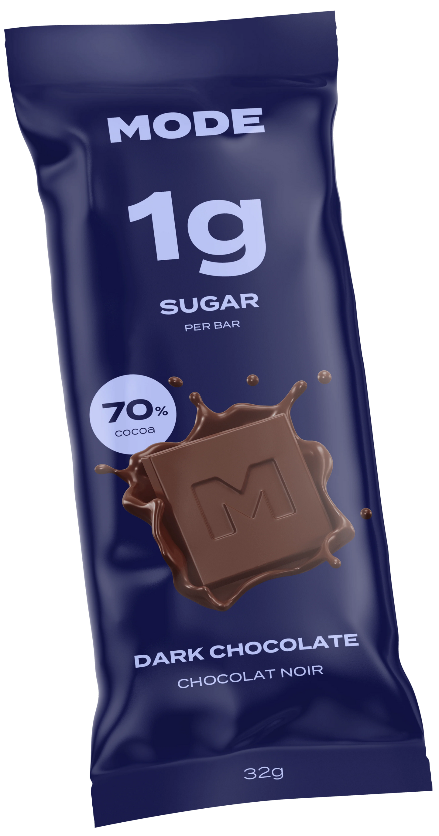 A packaged MODE dark chocolate bar (32g) labeled “1g sugar per bar” and “70% cocoa,” shown in a dark blue wrapper with a chocolate square graphic.