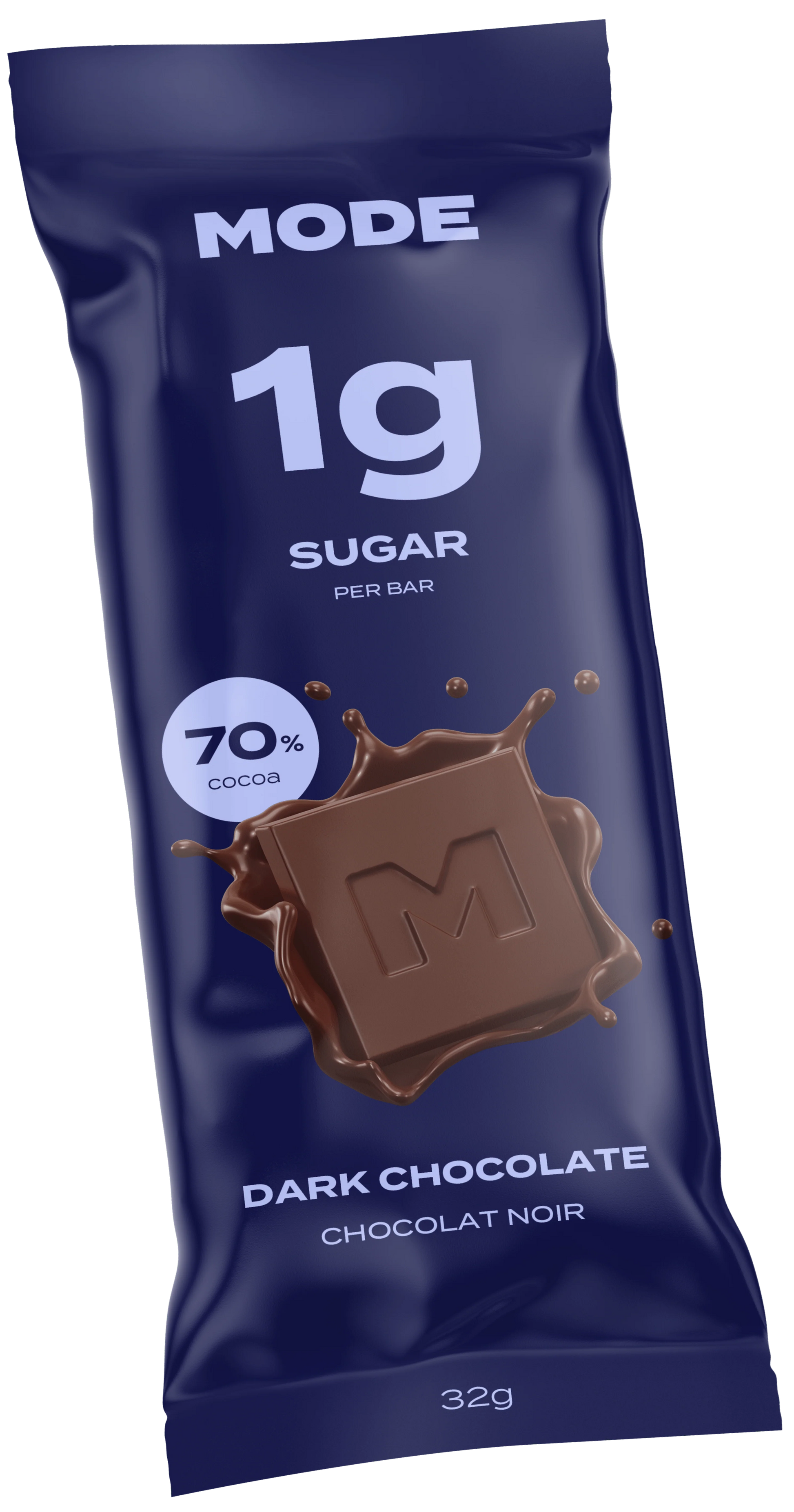 A packaged MODE dark chocolate bar (32g) labeled “1g sugar per bar” and “70% cocoa,” shown in a dark blue wrapper with a chocolate square graphic.