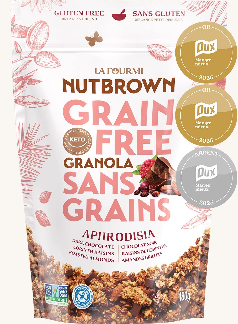 A pouch of La Fourmi Nutbrown grain-free granola “Nature” (180g), made with local golden wildflower honey, labeled gluten-free and keto-friendly.