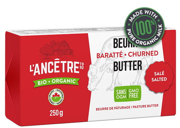 Organic churned salted butter by L'Ancêtre in a red and white packaging