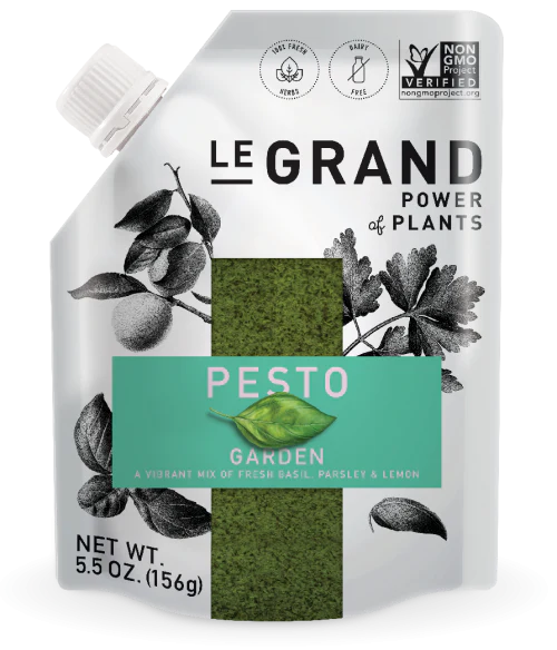A pouch of Le Grand Garden pesto (156g), a plant-based basil pesto made with fresh basil, parsley, and lemon, labeled dairy-free and non-GMO